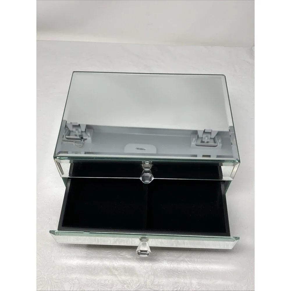 Mirrored Jewelry Box 3 Drawer Glass Organizer Crystal Knobs Ring Tray 9x6x5.5”